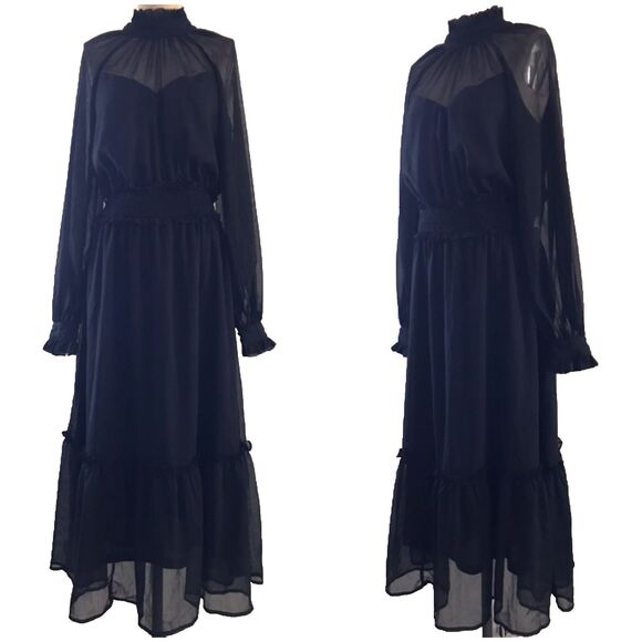 By The River Black Chiffon Long Sleeve Ruffle Neck Sheer Boho Midi Dress - M - Picture 2 of 8